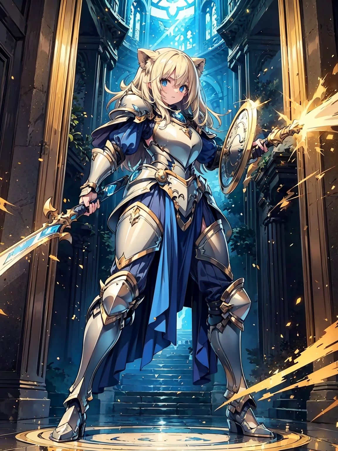 (((masterpiece, best quality, high detailed, 16k))) (1girl) A noble knight with flowing blonde hair and bright blue eyes, clad in shining silver armor adorned with royal blue accents. She carries a large shield emblazoned with a regal lion and wields a longsword that glows with holy light. Her stance is strong and unyielding, exuding an aura of protection and valor. ((full body view))