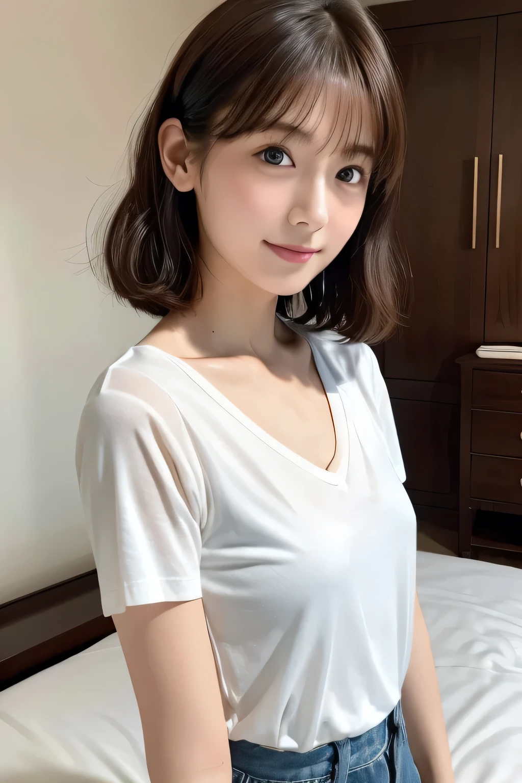 Beautiful girl playing with a puppy, , (Highest quality:1.4), (Very detailed), (Very detailed美しい顔), sit, avert your eyes, smile, White T-shirt, Great face and eyes, iris, Medium Hair, The Beauty of Japan, (Skinny body type:1.3), (Flat Chest:1.3), (toy poodle:1.3),Smooth, Very detailed CG synthesis 8k wallpaper, High-resolution RAW color photos, Professional photography, Light, BackLight, dream-like, impressive, Written boundary depth, Bedroom, (Shooting from below:1.2)