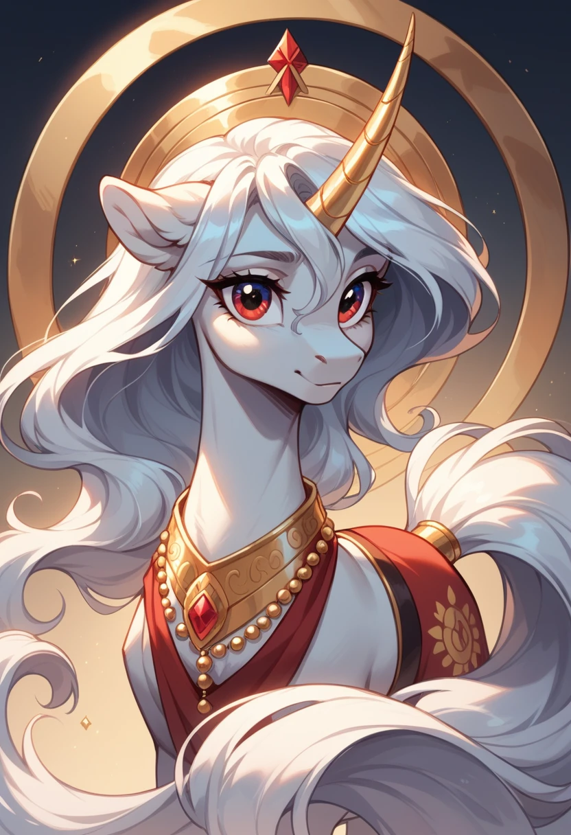 Pony a beautiful red unicorn mare with a long, flowing mane and tail. Her silver horn is extremely long and thin. She may have a slim Arabian build, but her wavy mane and feathered feet say otherwise. Gold beads adorn her face, mane, and tail.