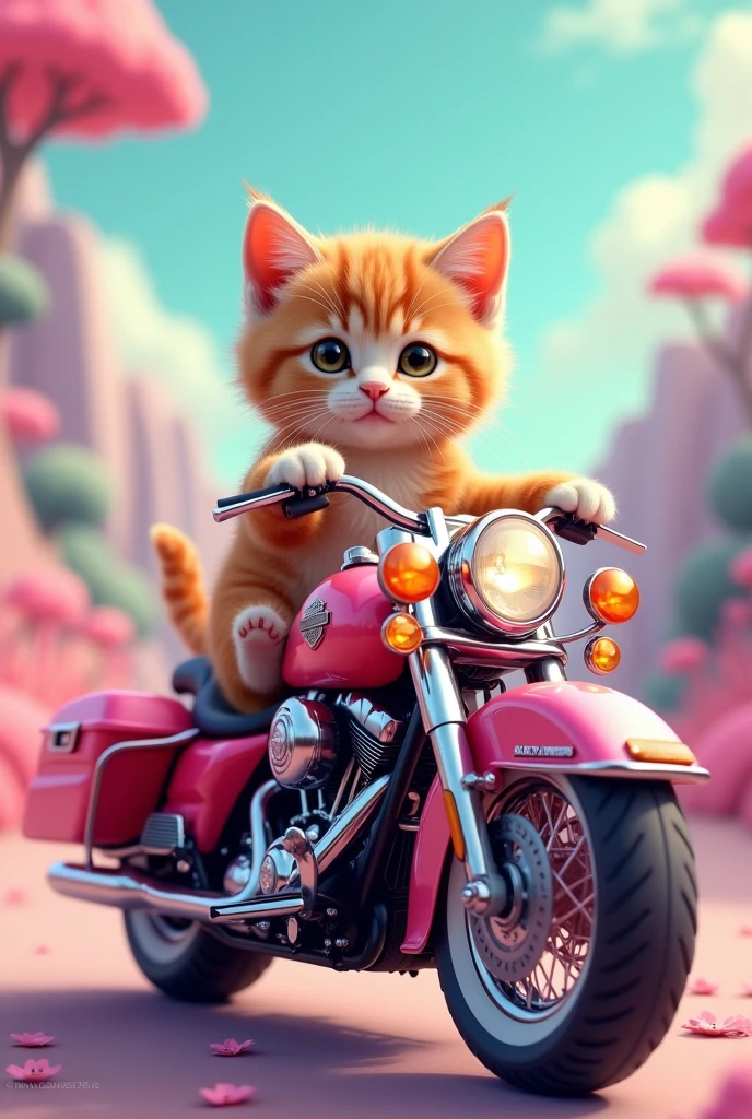 Waffle kitten on a pink Harley motorcycle