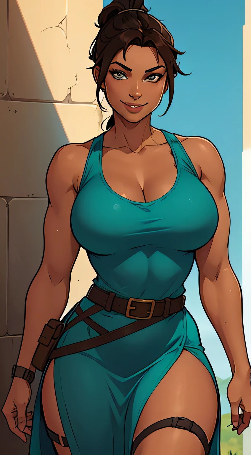 Thin woman, Lara Croft, beautiful smiling, teal v-neck dress, brown belt, brunette skin, brown hair with ponytail, eyes browns, busty. comic style.