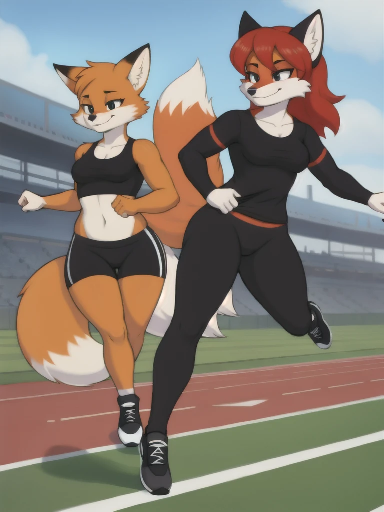 Furry, fox, female, black shirt, black leggings, shoes, running track, friends, full body