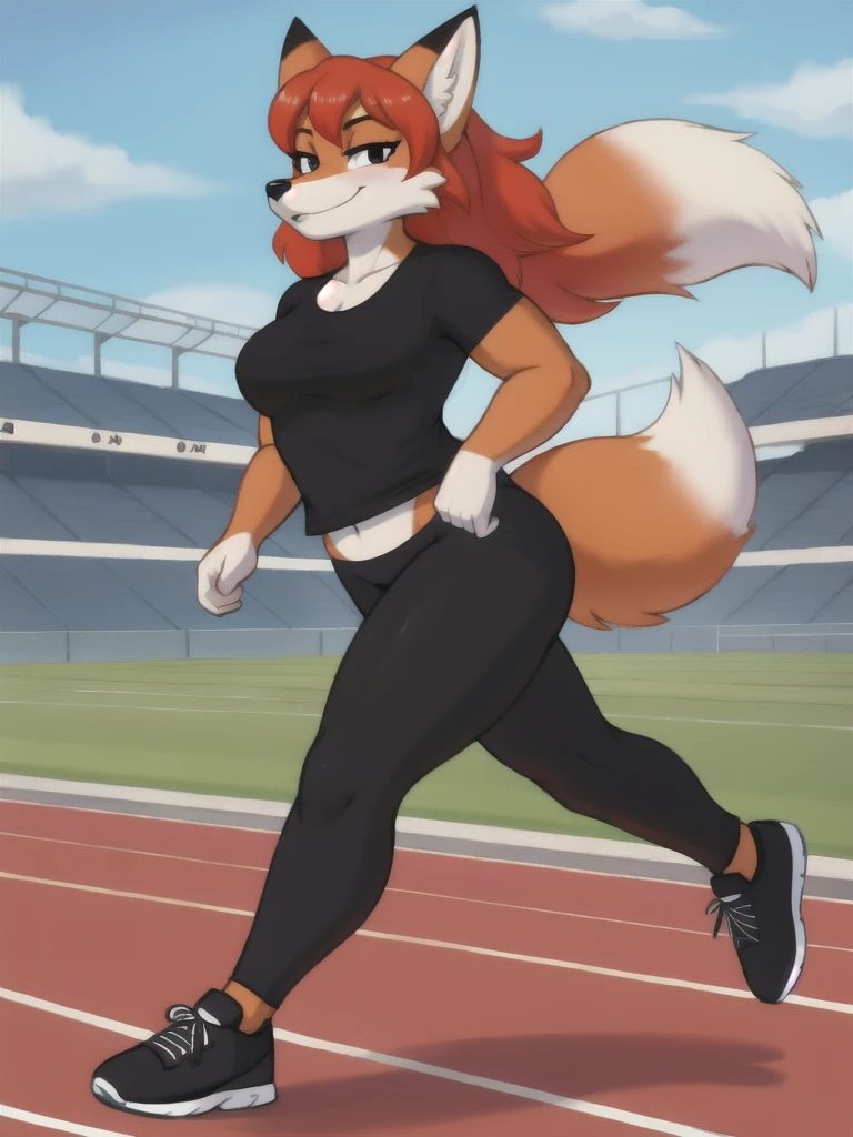 Furry, fox, female, black shirt, black leggings, shoes, running track, friends, full body