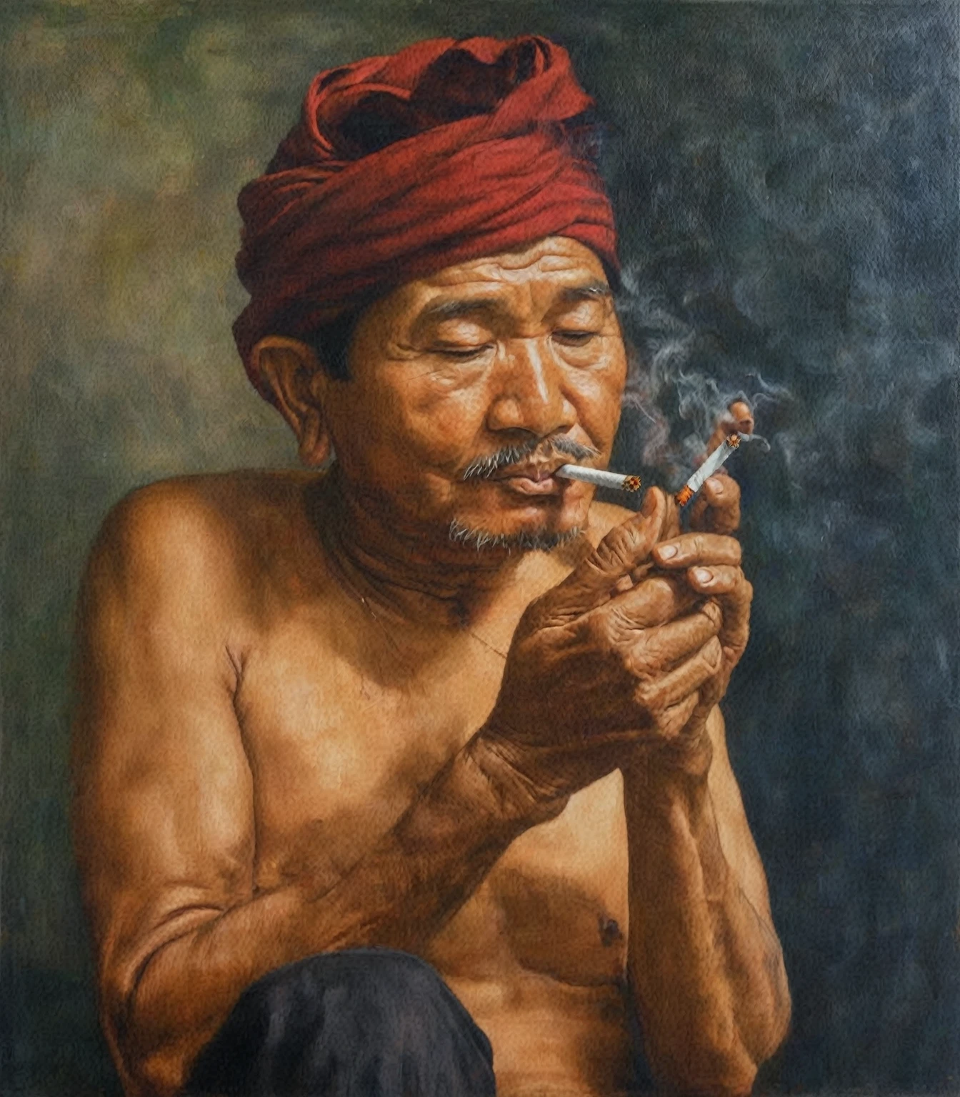 A drawing of a man smoking a cigarette with a red turban on his head., inspired By E Ketut Soki, Oil on canvas painting, By E Ketut Soki, Oil on canvas, realism painting, pray with tobacco, Oil on canvas, an Oil on canvas painting, traditional oil painting, gasping for oil, oil art, oil painting