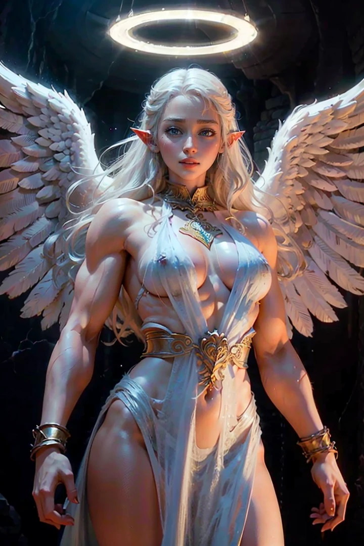 Naked elf angel, with sculptural body, big naked breasts, naked vagina, muscular body, silver hair, blue eyes, perfect image, paradise landscape