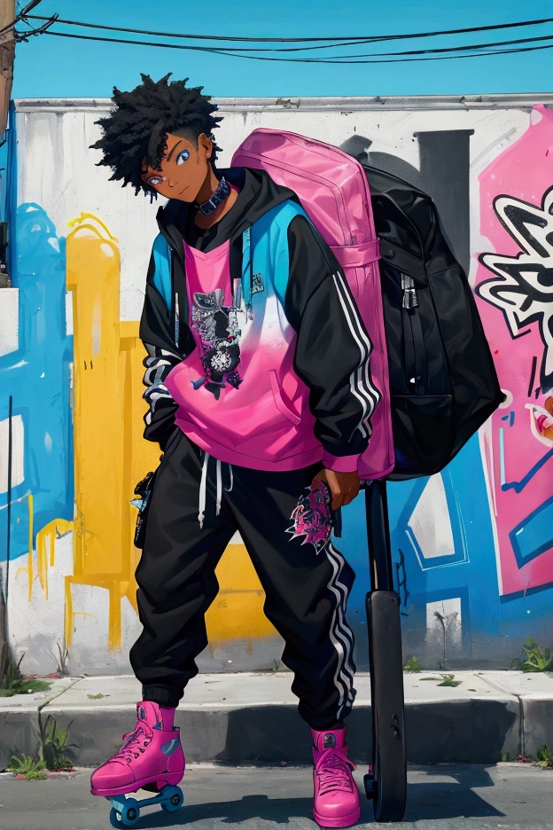 black ager around 16 y loves graffiti, he is skating through the colorful city on roller skates, is wearing black and white streetwear clothes. colorful titans are coming out of his back, como azul, Pink, ,Unripe, rot.