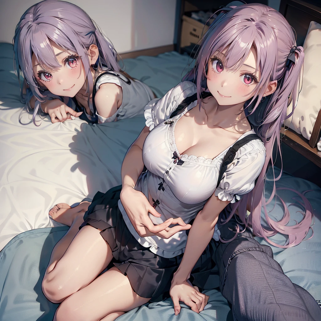 (Best Quality,High resolution,8k,finelity detailed background,Masterpiece:1.2)beautiful girl,Shiny purple hair,messy hair,Purple Eyes,Gentle look,A refreshing look,Best quality,Best Quality,Aesthetic and aesthetic:1.2,Best details((Super detailed))(High-definition CG illustrations),Grey underwear (gray,intricate lace),Slender body,Late Night,Moonlit Night,Bedroom,On the bed,smile,blush,cute,Scrounge,Looking up,Being spoiled,super model