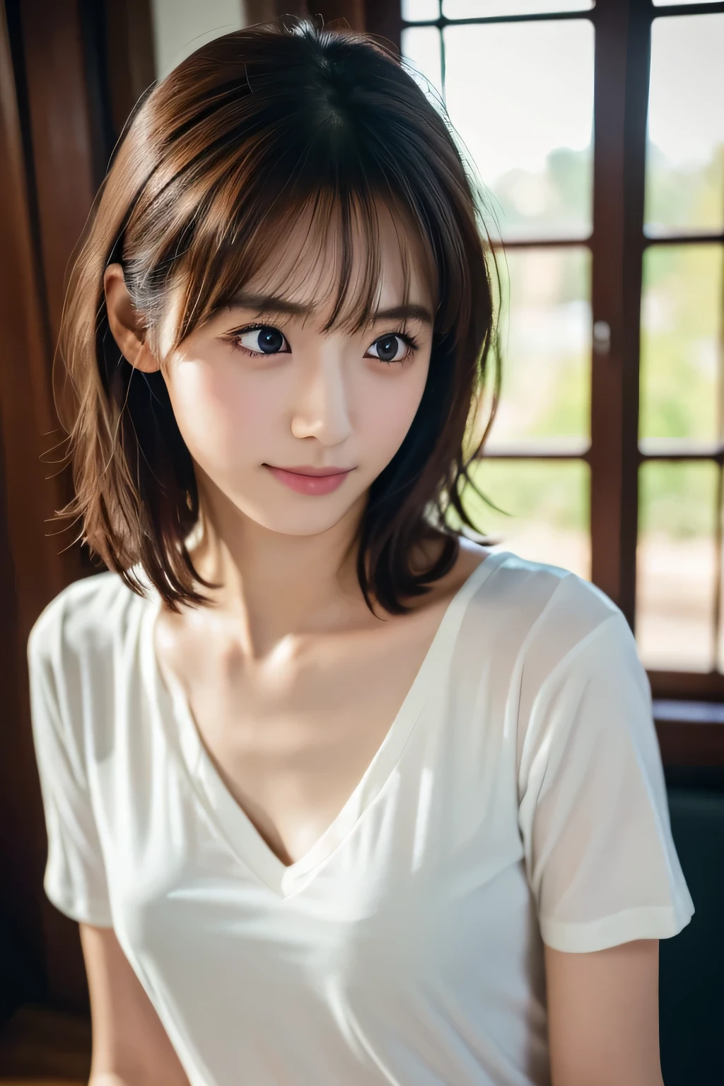 Beautiful girl playing with a puppy, , (Highest quality:1.4), (Very detailed), (Very detailed美しい顔), sit, avert your eyes, smile, White T-shirt, Great face and eyes, iris, Medium Hair, The Beauty of Japan, (Skinny body type:1.3), (Flat Chest:1.3), (toy poodle:1.3),Smooth, Very detailed CG synthesis 8k wallpaper, High-resolution RAW color photos, Professional photography, Light, BackLight, dream-like, impressive, Written boundary depth, Bedroom, (Shooting from the side:1.2)