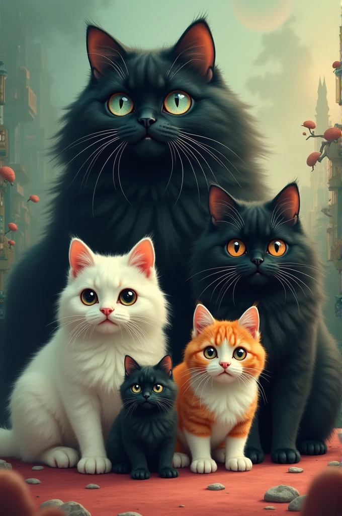 Crea una imagen subrealista de un gato persa extremo black color (big) by the wide, an extreme calico Persian cat (black color, gray, white and orange) (Median) by the wide, an extreme orange and white Persian kitten (little) short haired and a white French bulldog bitch with Merle on the eyes and ears. All four in one surreal photo.