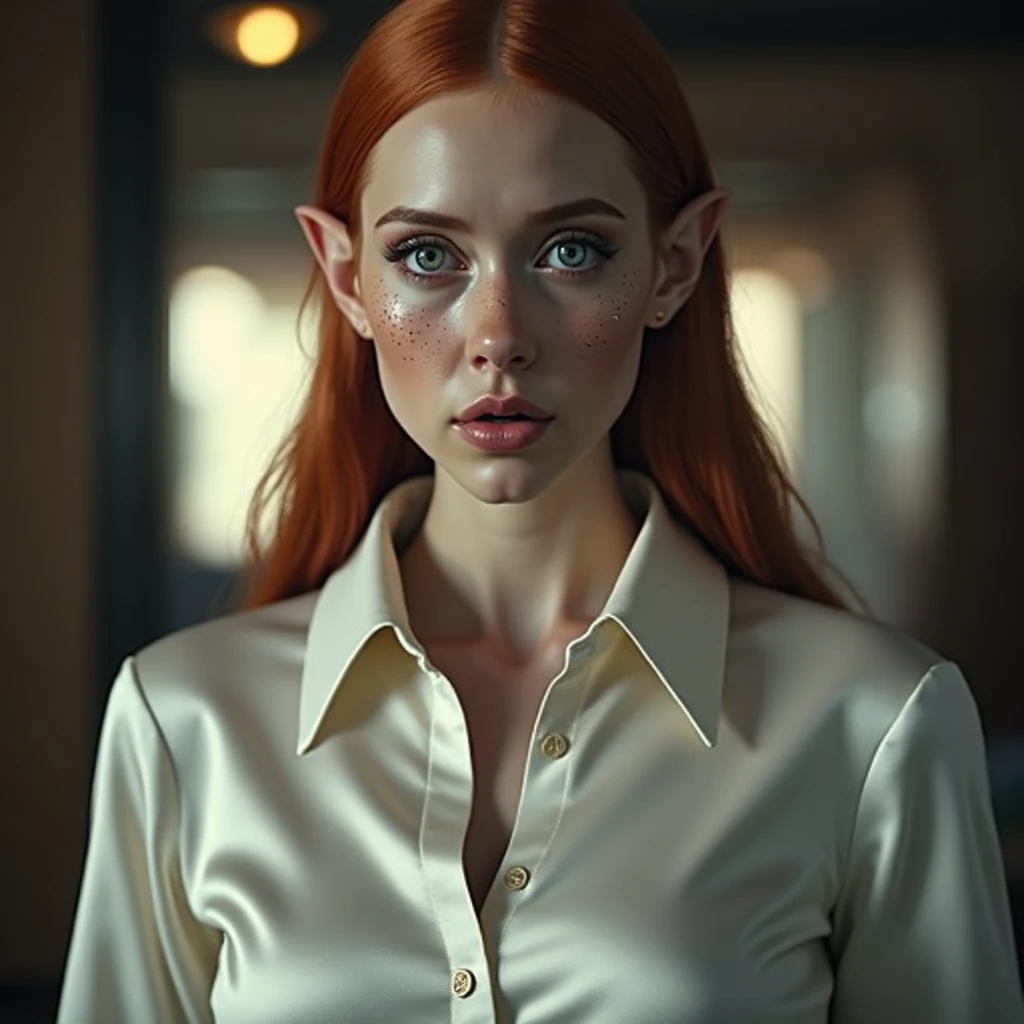 cinematic lighting, hyperrealistic, 8k, highly detailed, photorealistic, masterpiece, beautiful busty ginger elf woman, freckles, satin white button blouse, long orange hair, big breasts, breast expansion, cleavage expansion, cleavage popping out of shirt, nervously staring directly at viewer, super long and pointy elf ears, big eyes