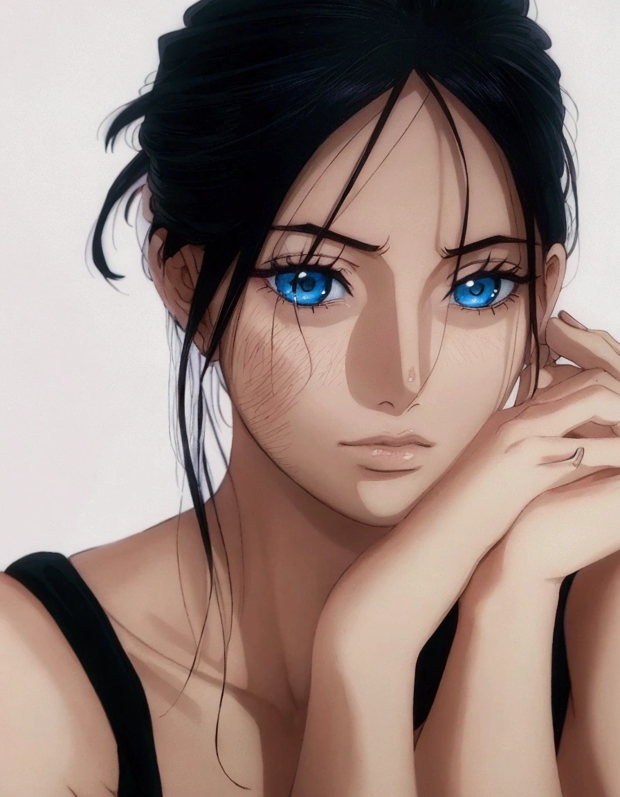 one piece style, anime girl with black hair and blue eyes posing for a picture, stunning anime face portrait, beautiful anime portrait, beautiful anime face, detailed portrait of anime girl, realistic anime artstyle, portrait anime girl, high detailed face anime, seductive tifa lockhart portrait, tifa lockhart portrait, anime realism style, detailed anime soft face, artwork in the style of guweiz