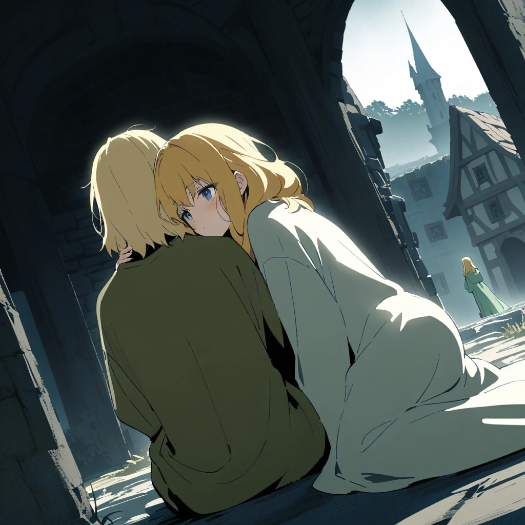 {{cowgirl shot, dutch angle, female focus}} {{Artist: Sincos}} Two figures, a girl and a boy, with their backs turned, facing a fantasy medieval village with blue concrete buildings, surrounded by dense mist. The girl, Lyra, has long blonde hair, green eyes, and wears a long green mage robe. She is kneeling on the ground, with the boy, Jack, resting his head on her lap. Jack has blonde hair and blue eyes. Both are looking to the right, toward the village. The mist curls around the village and the two figures, creating an ethereal and mysterious atmosphere. The village glows softly in the background, its light piercing through the mist. The scene captures a moment of quiet reflection, with the characters close together, emphasizing their bond.