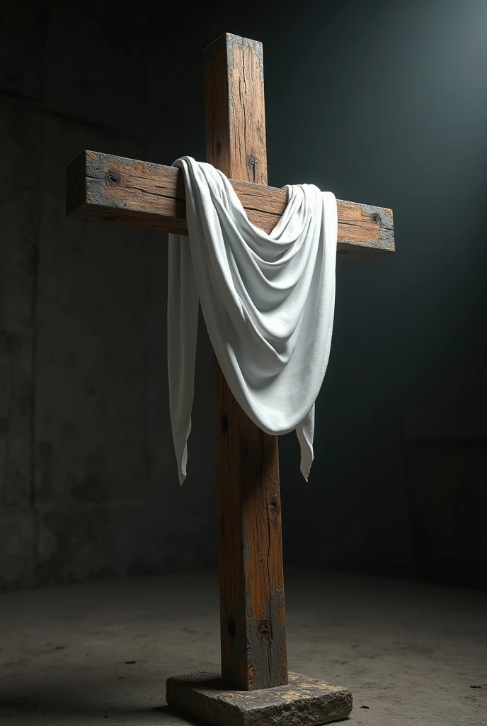 Create a realistic cross for me, with a white cloth symbol of Jesus Christ. As if the cross were tilted