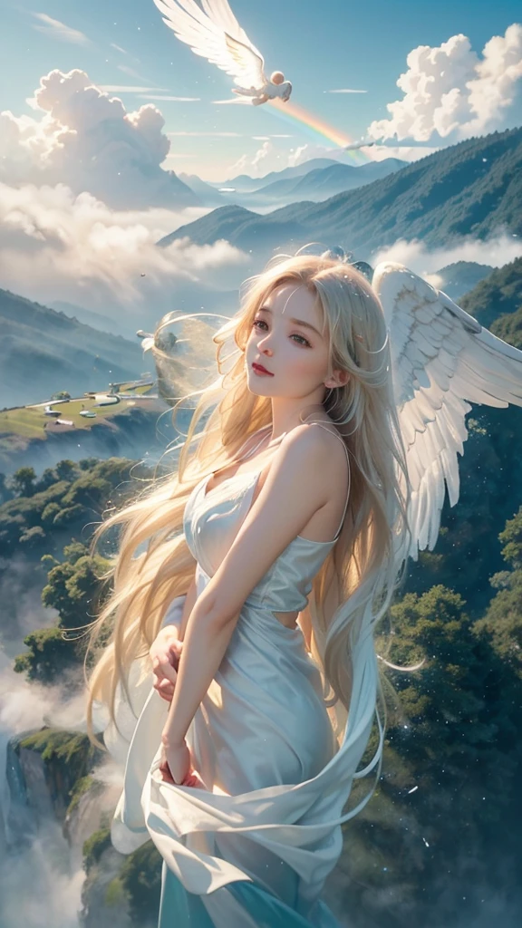 ((A serene summer scene with an ultra-high-definition, realistic angel flying gracefully in the sky)), The angel is facing towards the camera with lifelike facial features and detailed textures, The angel has intricately detailed white wings, fully extended as it soars through the air in an elegant, natural pose, The angel has platinum blonde hair flowing gently in the wind, with realistic light reflections and highlights, emphasizing the sensation of movement, The angel is dressed in a flowing white outfit, adding a sense of purity and grace, The angel holds a silver staff, adding a touch of mystique and power, The theme color of the scene is blue, reflected in the angel's attire, the sky, and the overall color palette The background features a clear summer sky with a soft, highly detailed rainbow arching across it, enhancing the feeling of wonder and beauty, ((The scene takes place in a celestial world, with floating islands and ethereal clouds, adding a magical and otherworldly atmosphere Soft, white clouds accompany the rainbow, adding depth to the sky)), Below, a green land and blue ocean are visible from a high angle, with realistic lighting and shadows, The landscape features gently rolling hills and a distant, vividly detailed sea, as seen from a high vantage point in this sky-bound world, The image is captured in a vertical 9:16 aspect ratio, emphasizing ultra-realistic textures, depth, and the dynamic nature of flight in a heavenly realm