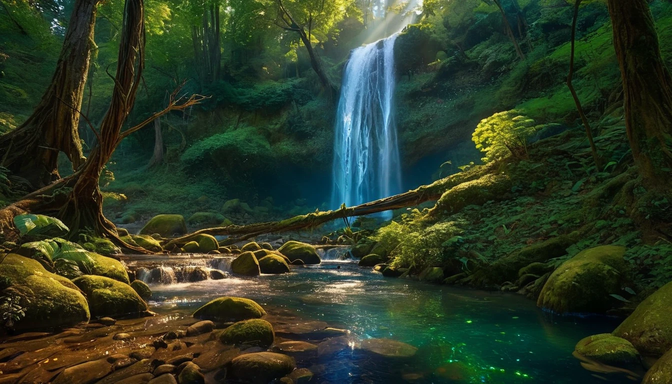 Shimmery gold waterfall enchanted forest at twilight, ethereal light filtering through ancient towering trees, vividly detailed lush undergrowth, mystical creatures lurking in the shadows, sparkling fairy lights weaving through the foliage, a crystal-clear stream with water so pure it glows, cascading waterfall in the background with magical properties, fantasy wildlife drinking at the water's edge, highly detailed, photorealistic textures on every surface, soft diffused lighting creating a serene atmosphere, high dynamic range, ultra HD 8K resolution, depth of field emphasizing the magical focus points, art by Thomas Kinkade and Roger Dean, immersive, otherworldly beauty captured in cinematic quality, 32K UHD