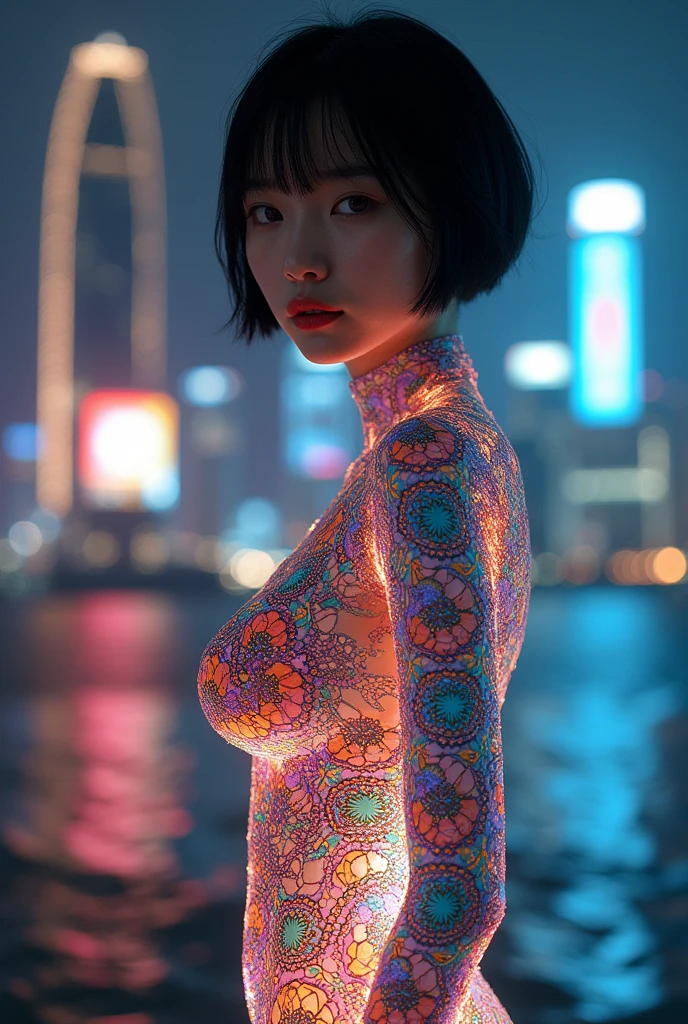 (masterpiece, Highest quality), 8k,(((Very detailed))), Race:1.8,Super intricate Race pattern,colorful Race pattern,Stained glass background transparent body, Mandala,light up,cold, 1 female,Open Back, 18 years old、Japanese, Photo of Lee Jae, tumbler, sultry body with セクシー belly, Sexy girl, Young sensual elegance, Sexy body, delicious, Sexy look, Very Short Hair、Photographed with the night view of a cityscape in the background、 Intelligent face、Narrow waist、Large Breasts、drool coming out of the mouth、少しSmileむ、EOS 50mm F2, Blur the background、Photographed from the front、Lighting the face、Smile、