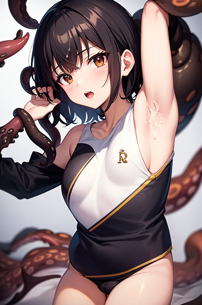 masterpiece, best quality,anime style, 1 girl,(((slender body))), (((small eyes,small breast))),(((cheerleader uniform))),((((brown penis tentacles bound a girl)))),((((cum)))), (beautiful face), (((short hair))), (((straight hair))), ((((black hair)))),detailed beautiful skin, (perfect hands, perfect anatomy),scream