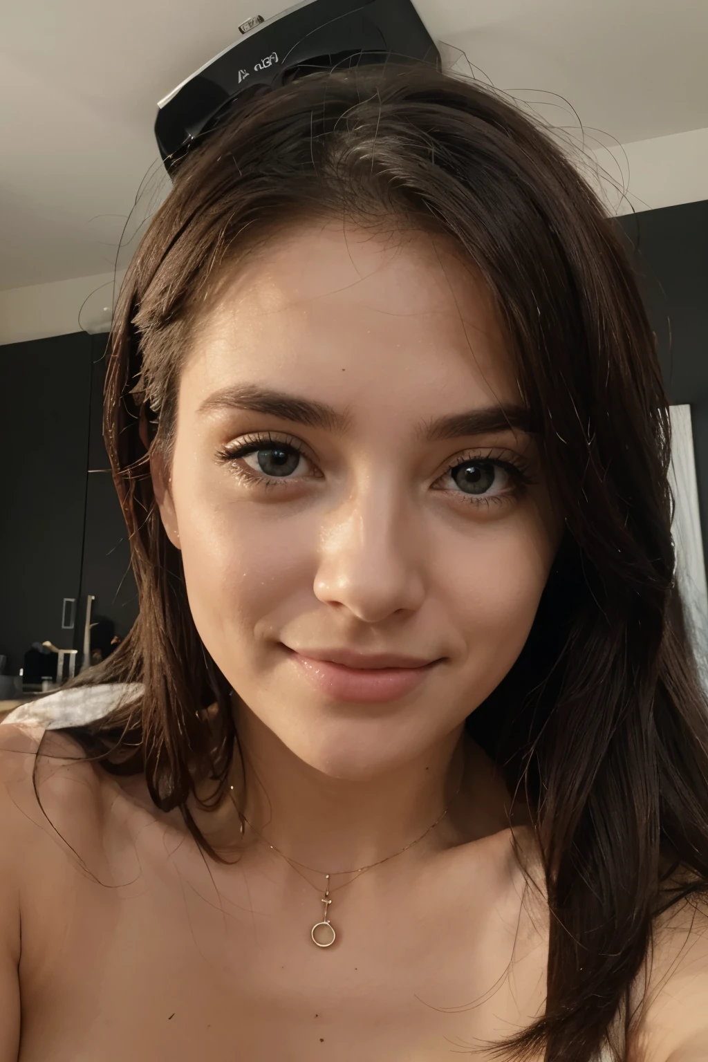selfie instagram, visage face camera, une femme magnifique de 23 ans, poitrine, léger sourire, visage et yeux détaillés, éclairage naturel, à la maison, cheveux longs et noir, faible contraste, visage naturel, type européenne, yeux marrons, 8k, 4k, realistic, épiCNégatif