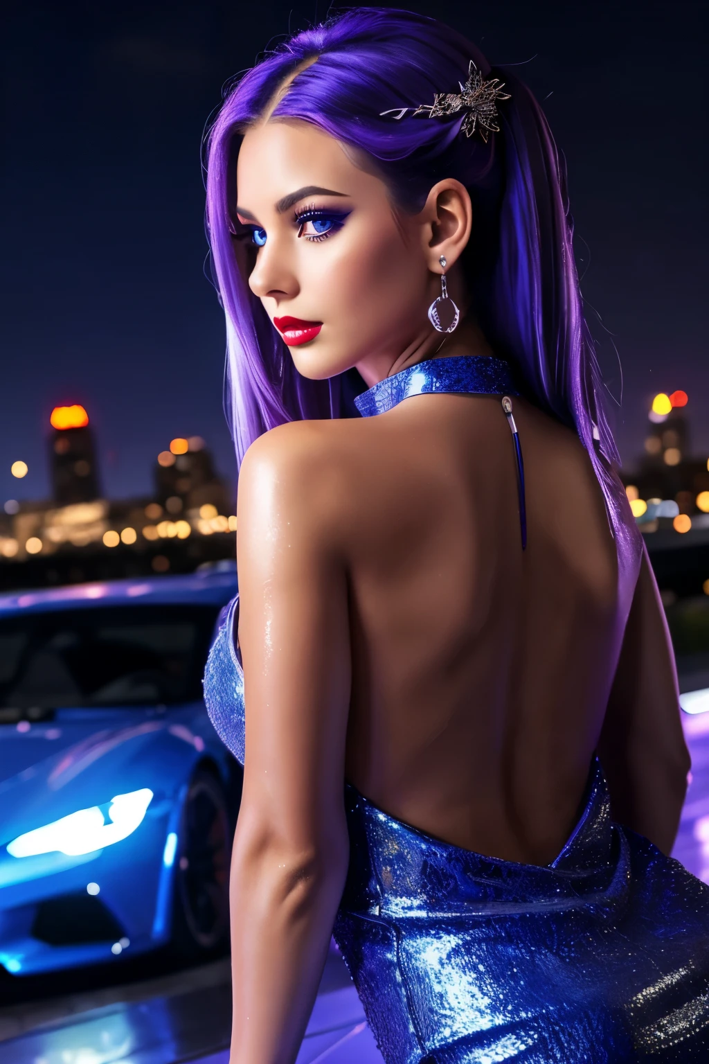 st. louis (luxurious wheels) (azur lane), hair ornament, portrait, silver dress, revealing clothes, necklace, blue nails, cityscape, night, rain, wet, (masterpiece:1.4),(best quality:1.4),realistic,fashi-girl,makeup,red lips,looking at viewer, solo,earrings,8k,best quality, masterpiece, purple eyes,beautiful light,background is a supercar,