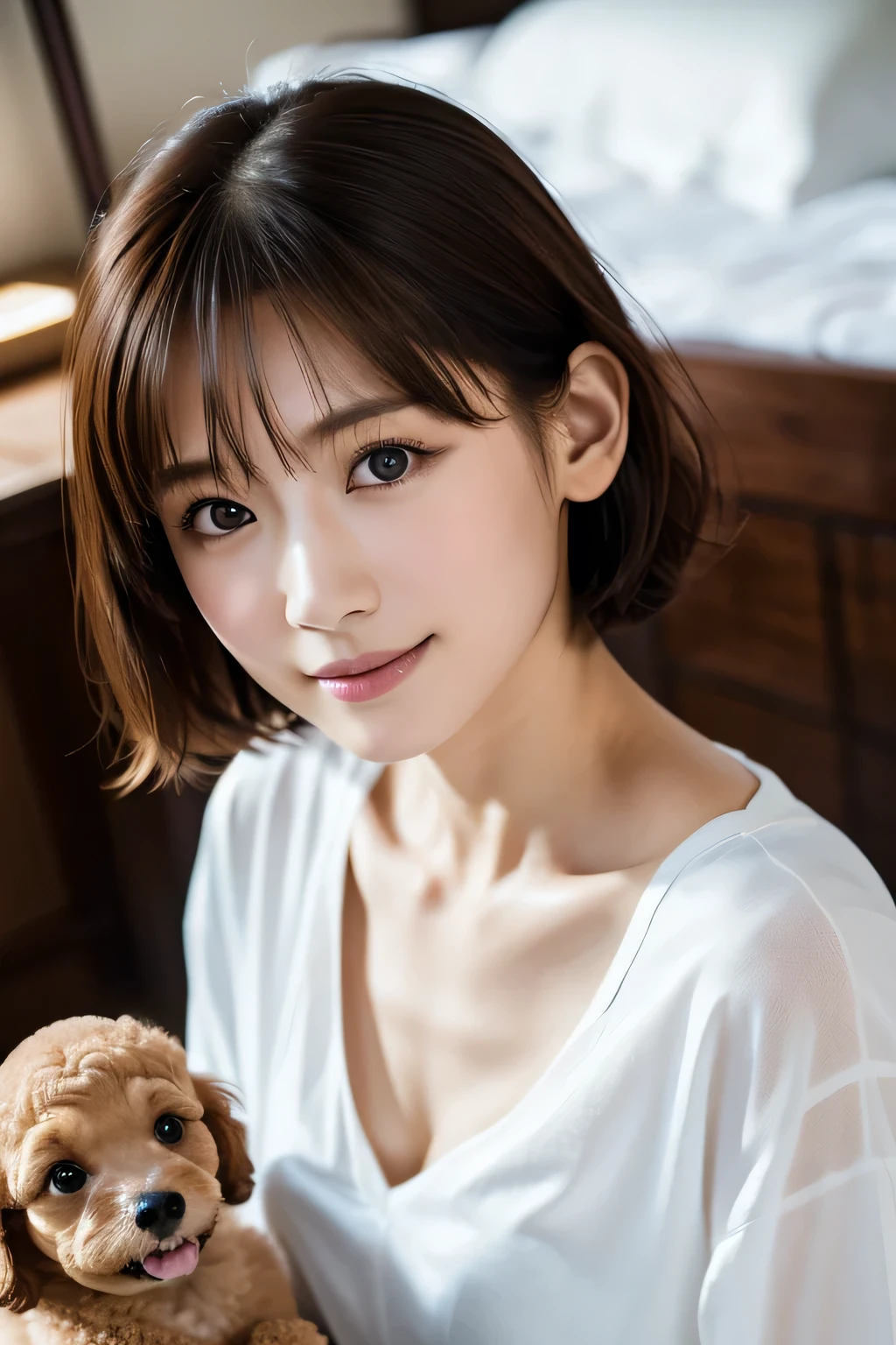 Beautiful girl playing with a puppy, 14 years old, (Highest quality:1.4), (Very detailed), (Very detailed美しい顔), sit, avert your eyes, smile, White T-shirt, Great face and eyes, iris, Medium Hair, The Beauty of Japan, (Skinny body type:1.3), (Flat Chest:1.3), (toy poodle:1.3),Smooth, Very detailed CG synthesis 8k wallpaper, High-resolution RAW color photos, Professional photography, Light, BackLight, dream-like, impressive, Written boundary depth, Bedroom, (Shot from above:1.2)