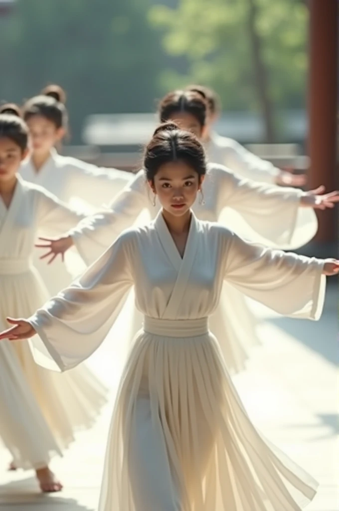 5 Japanese teenage girls wearing long-sleeved white isshou clothes,white skirt, who is dancing, stretch out your arms,