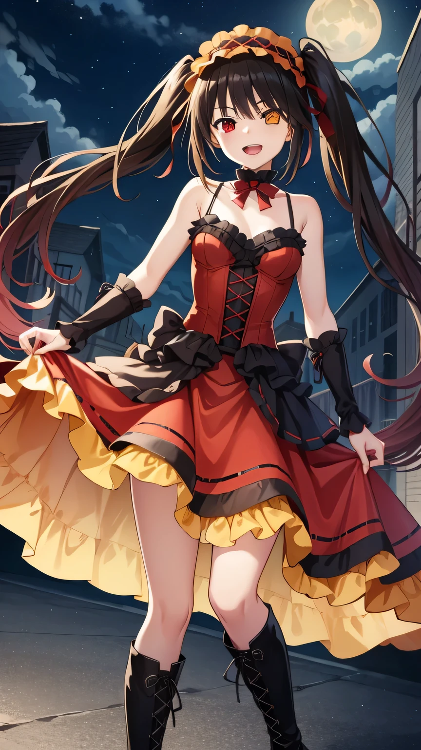 {{{masterpiece}}}, {{{best quality}}}, {{ultra-detailed}}, {illustration}, {{an extremely delicate and beautiful}}, (beautiful detailed eyes:1.6), extremely detailed face, 16k, visual anime de uma jovem mulher, extremamente bonito rosto de anime, anime melhor garota, anime face, kurumi tokisaki(Date A Live), (tokisaki kurumi:1.2), One girl, cute face, long hair, black hair, (twintails:1.5), uneven Twin tails, (red eyes:1.3), ((yellow eyes:1.3) Clock Eye), (heterochromia:1.5), medium breasts, thin waist, big hips, curvaceous, BREAK, lolita hair band, dress, frilled dress, astral dress, Gothic Lolita, Lolita Fashion, (red dress:1.5), bare shoulders, collarbone, chest, choker, bowtie, red bowtie, detached sleeves, corset, frills, long skirt, boots, Cross-laced shoes, knee boots, lace-up boots, BREAK, {{{old style gun}}}, have a gun, standing, smirk, cool face, open mouth, looking at viewer, outdoor, night, roof of the building, night sky, moon