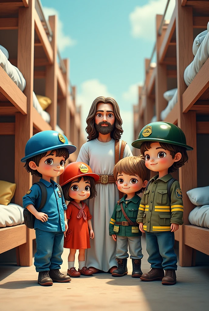 Children&#39;s drawing of images with barias children dressed in military uniforms, navy, army and firefighters next to Jesus in a 3D barracks