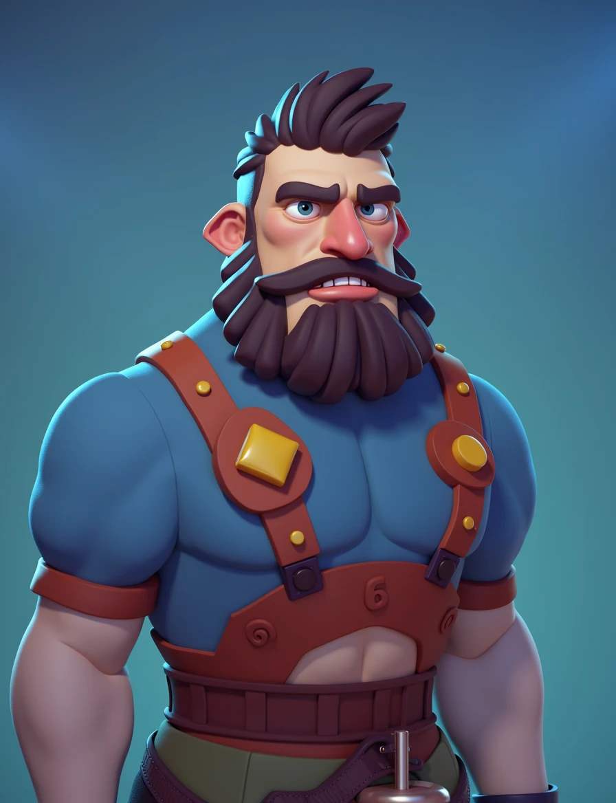 American male in his late 30s,A face and expression that conveys a sense of dignity, brown hair, Hair of moderate length, lifted upwards, The head is split into several clumps along the length., Side hair is shaved short, The moustache is long and covers the sides.. The beard is round and bushy., The chin is long and opens very widely to the sides., The ears protrude in a triangular shape to the sides., The eyebrows are dark, thick and straight., deep eyes, good impression, serious expression, A wrinkle forms between the eyebrows, There are no wrinkles on the forehead.. Wide nose, The nose is slightly red overall., The earlobes are also slightly red, Protruding cheekbones, The face is slightly sunken due to lack of cheek fat, Mouth wide open from side to side, The pupils are blue, Deeply sunken double eyelids, Very big and broad shoulders., Neck is thicker than face, Heart full of strength, He wore a blue short-sleeved shirt., Wearing red overalls, 3d character image