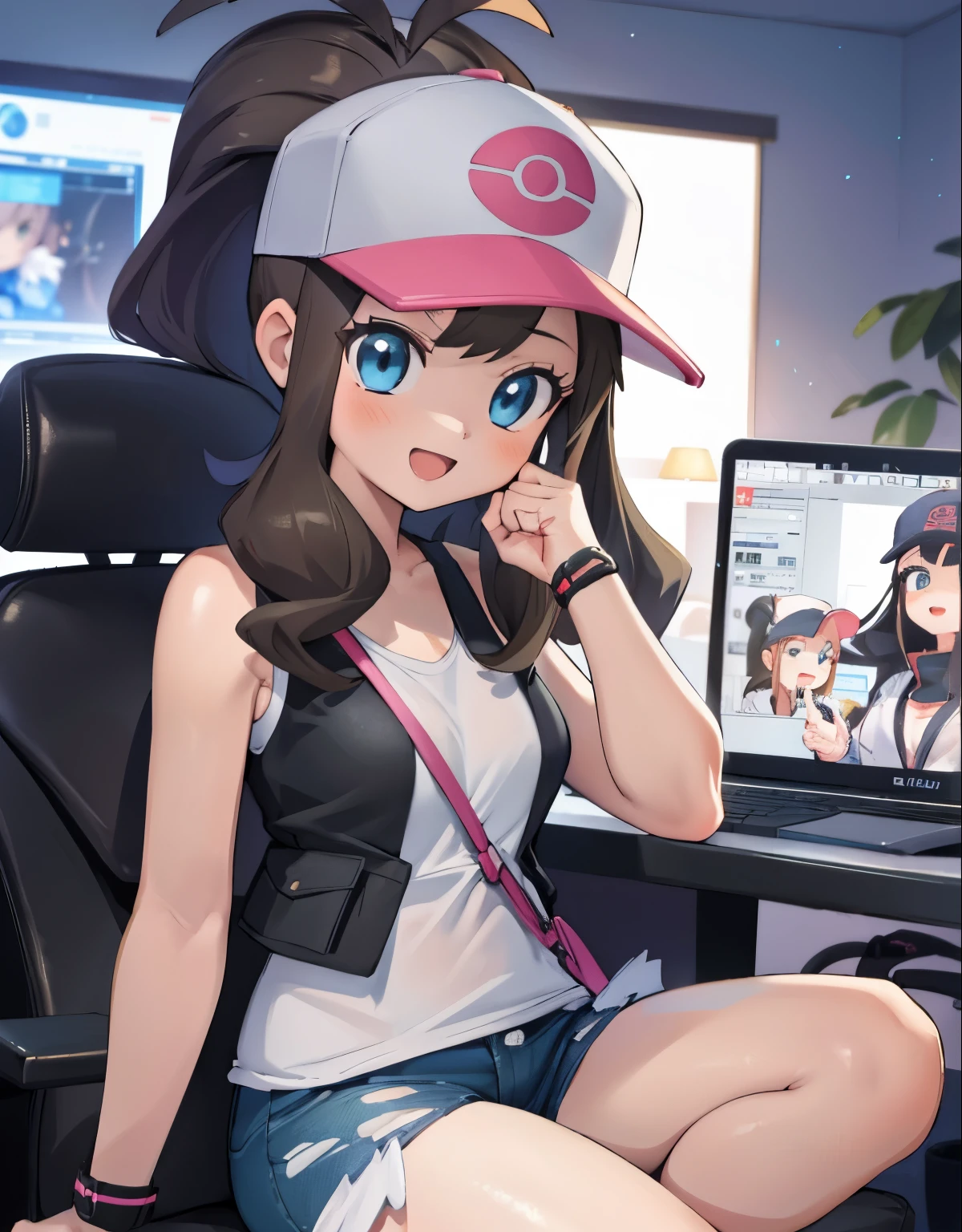  detailed eyes, beautiful eyes, perfect anime style eyes, best quality, 4k, 8k, highres, masterpiece:1.2, ultra-detailed, realistic, Photorealistic, photo-realistic:1.37, HdR, UHD, Studio lighting, ultra-fine painting, Sharp focus, physically-based rendering, extreme detail description, professional, vivid colors, bokeh, anime, artwork, def1, body shape, chubby thighs, thick thighs, open mouth, smile, ultra-detailed description, capturing every exquisite detail of her appearance. Her eyes are mesmerizing, with long curled lashes, glistening in the light. Her lips are perfectly shaped, with a subtle hint of a smile. radiating, A young gamer sits in a gaming chair, immersed in a streaming session on Twitch from the comfort of her otaku room.

[Character description]
The girl, with a concentrated and excited face, He wears casual clothes but with a geeky touch, reflecting his style and passion for video games and pop culture.

[environment/Background]
The room, decorated with posters, action figures and other elements characteristic of the otaku aesthetic, provides a cozy and personal environment for your streaming activity.

[Style and Atmosphere]
The scene conveys a relaxed and passionate atmosphere., where the gamer feels comfortable and in her element, enjoying his favorite hobby while interacting with his online audience.

[composition]
The young woman is sitting in front of a state-of-the-art gaming computer, with multiple screens and a microphone, ready to provide a quality streaming experience to your followers.

[Details and Embellishments]
Elements like RGB lights, Personalized stickers and decorations in the room and equipment reflect the unique style and personality of the gamer, creating a vibrant and distinctive atmosphere.

[Technical specifications]
The scene is characterized by warm lighting and a bright color palette., with high-quality lighting effects and graphics that highlight the quality of the equipment and the professionalism of the broadcast.