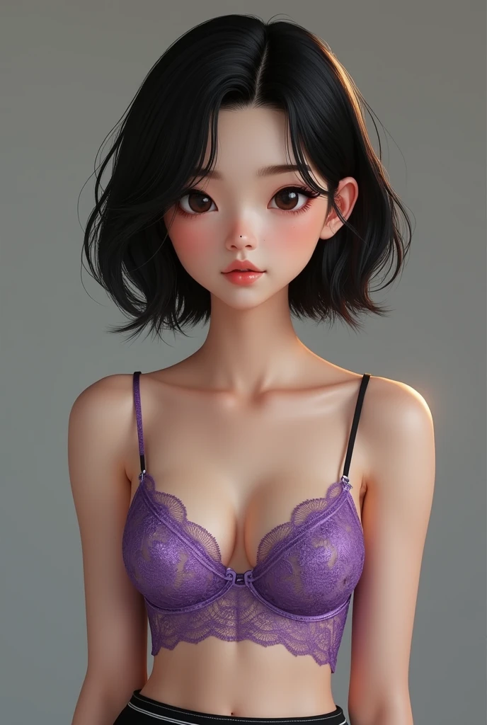 Femme Franco-japonaise. Elle a 25ans. A la peau plutôt blanche. Elle a les cheveux en carré plongeant, de couleur noire avec une mèche blonde qui retombe sur le front jusqu'au milieu du nez presque. Elle a deux grains de beauté dans le cou à droite côte-à-côte et un sous l'oeil gauche.
Elle fait du 85C et a de petites hanches.
Fais-là la plus réalistique possible s'il-te-plait.
Elle a une jupe noire à bande blanche fine et un crop-top en dentelle violet. Elle n'a pas de soutiens gorge en dessous.