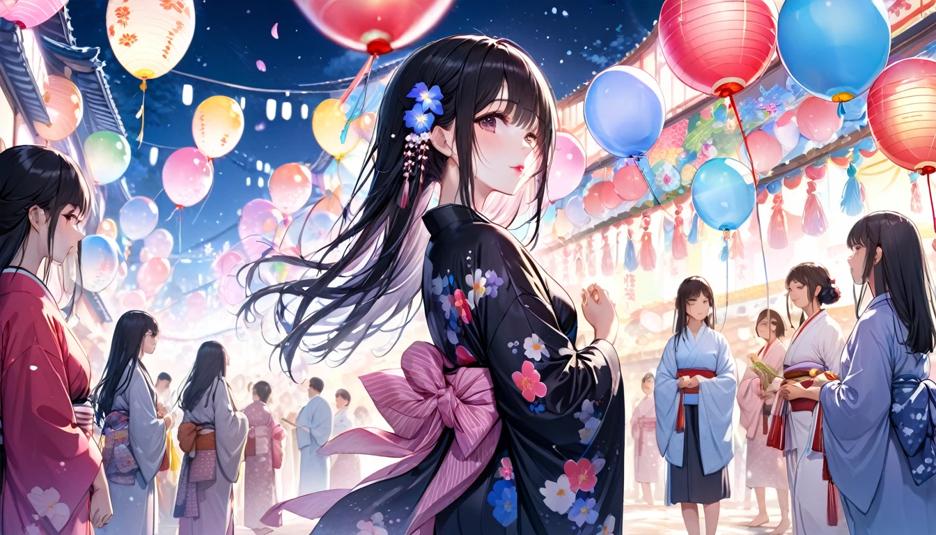 Panorama, Low - Angle,One woman, Japanese Festivals, Black Hair、Long Hair (Girl, Beauty, Moisture in Every Detail), (Glossy pink lip), Wearing a very beautiful yukata with double exposure morning glories) break, Night summer festival dance event, Many small prayer paper balloons in the background, break, There are no people in the background, Perfect Anatomy, masterpiece, Highest quality, 16K, Beautiful details night, Utopian performance, arm behind back, View your viewers
