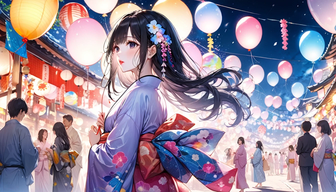 Panorama, Low - Angle,One woman, Japanese Festivals, Black Hair、Long Hair (Girl, Beauty, Moisture in Every Detail), (Glossy pink lip), Wearing a very beautiful yukata with double exposure morning glories) break, Night summer festival dance event, Many small prayer paper balloons in the background, break, There are no people in the background, Perfect Anatomy, masterpiece, Highest quality, 16K, Beautiful details night, Utopian performance, arm behind back, View your viewers