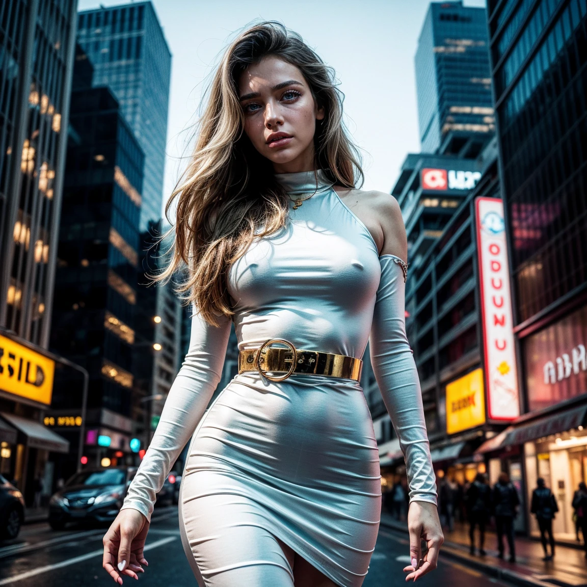 (Best Quality), (ultra-detailliert), (masuter piece), (hight resolution), (Original), (the Extremely Detailed CG Unity 8K Wallpapers), 1 girl, 18 year young girl, lustful facial expression, confident, [:(Face detail: 1.4): 0.4], 16K resolution, 4k resolution, (Ventre plat parfait), (image couleur), BREAK I. Outfit: Elegant, enchanting, long and fitted dress, elegant satin dress, skintight dress, dress has golden engravings, plunging back, long sleeves, wide golden hip belt with gold buckle, Belt is adjusted too tight, belt cuts deep into waist, black and silver jewelry.
II. Venue: Futuristic city, futuristic new york, flying cars and drones, Cyberpunk game, skyscrapers in back ground, woman stands on sidewalk, sidewalk is deserted, deserted city
III. Decoration: bright lights, trafic lights, neon lights, well light, flatscreens with advertisments for robots, sun rise, BREAK, looking at viewer, masterpiece, best quality, highly detailed, desire, blush, (Beautiful and detailed light blue eyes), complex light blue eyes, ((bright eyes)), white blond long hair, (beautiful and detailed face), supermodel, slender waist, thin body, narrow shoulders, close up portrait