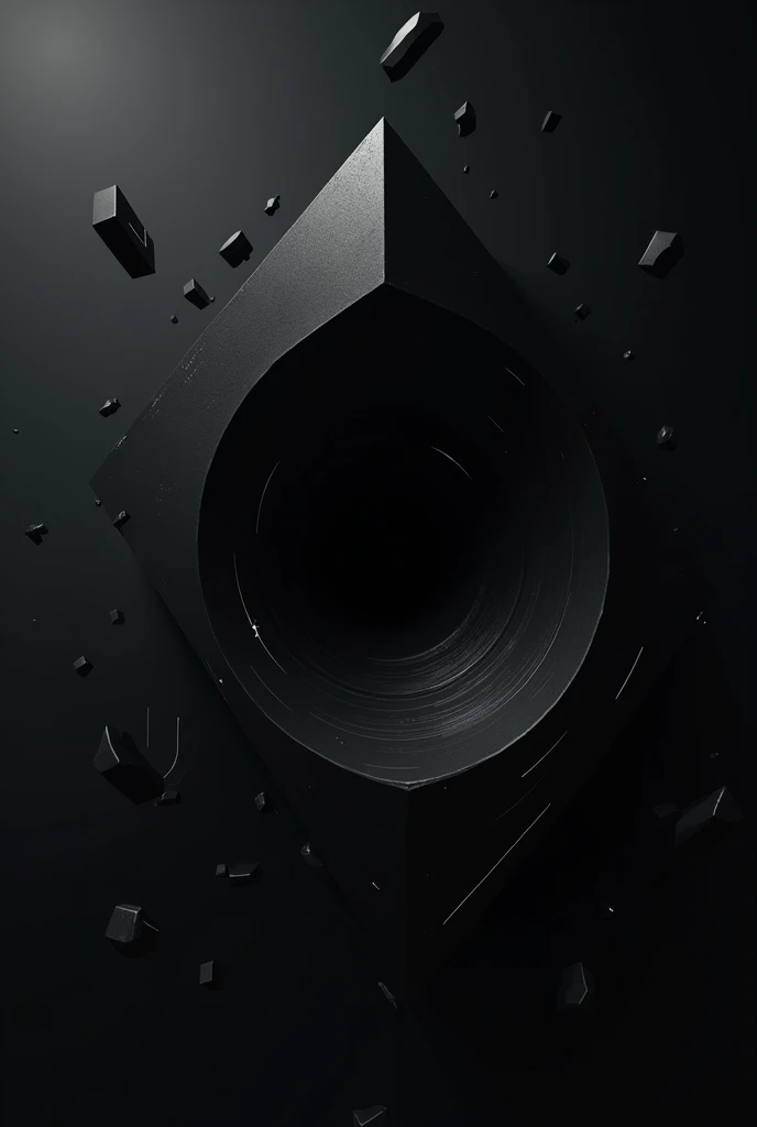 Black geometric figures with white lines surrounding a black hole in space