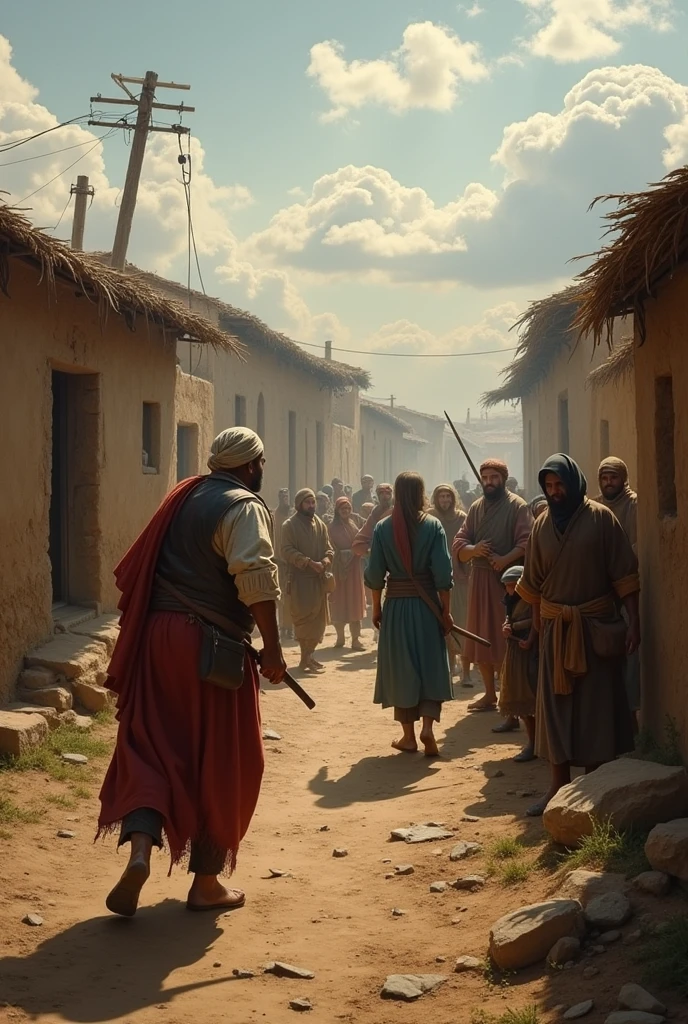 People in a village fighting with a bandit
