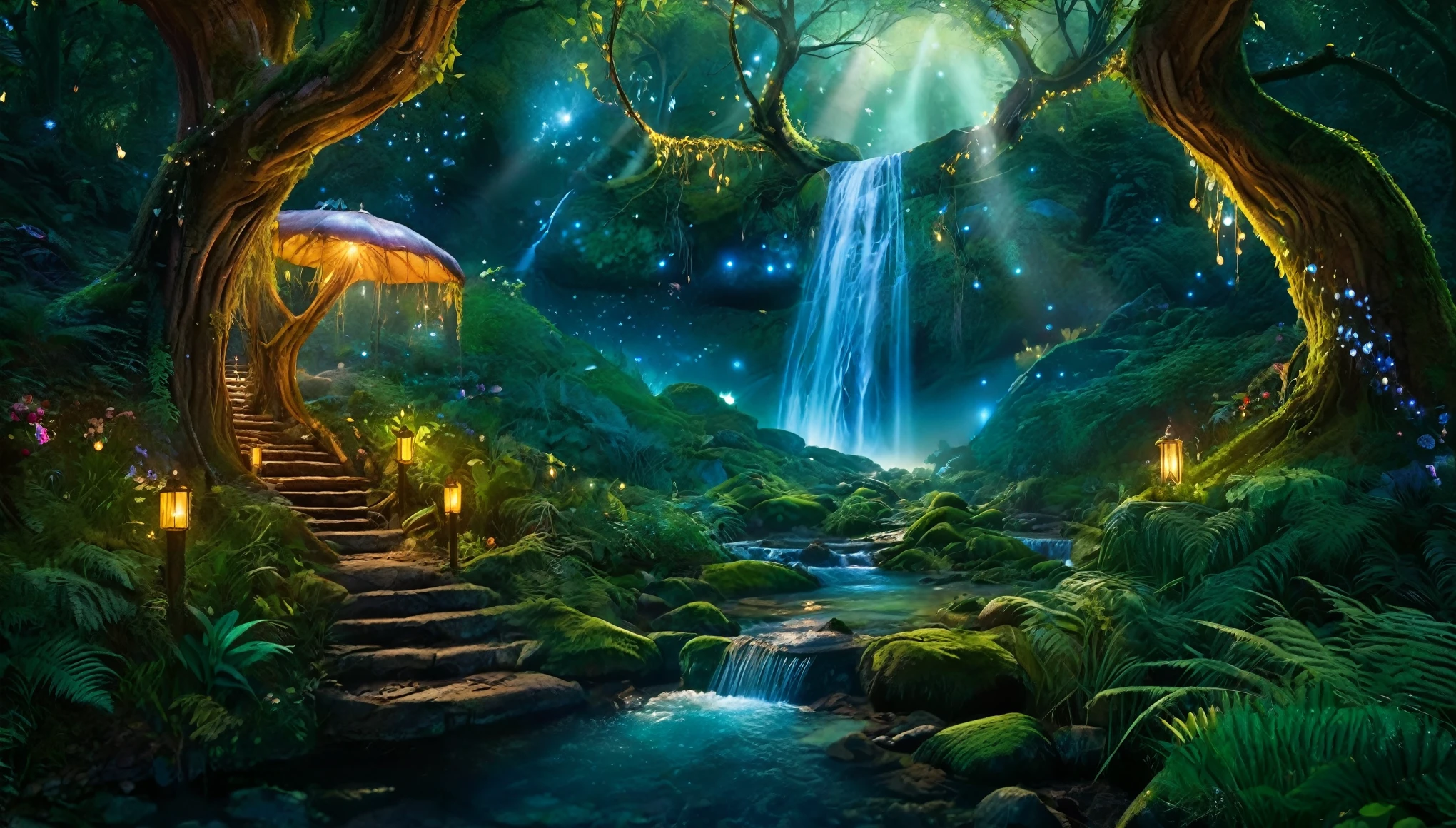 enchanted forest at twilight, ethereal light filtering through ancient towering trees, vividly detailed lush undergrowth, mystical creatures lurking in the shadows, sparkling fairy lights weaving through the foliage, a crystal-clear stream with water so pure it glows, cascading waterfall in the background with magical properties, fantasy wildlife drinking at the water's edge, highly detailed, photorealistic textures on every surface, soft diffused lighting creating a serene atmosphere, high dynamic range, ultra HD 8K resolution, depth of field emphasizing the magical focus points, art by Thomas Kinkade and Roger Dean, immersive, otherworldly beauty captured in cinematic quality, 32K UHD