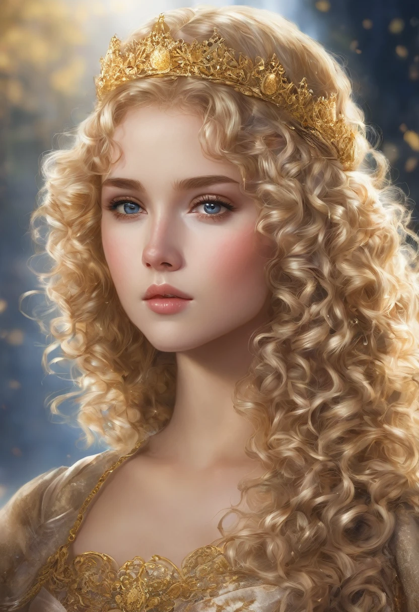 Curly blond hair, golden eyes, princess