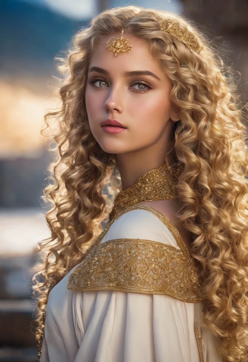 Curly blond hair, golden eyes, princess