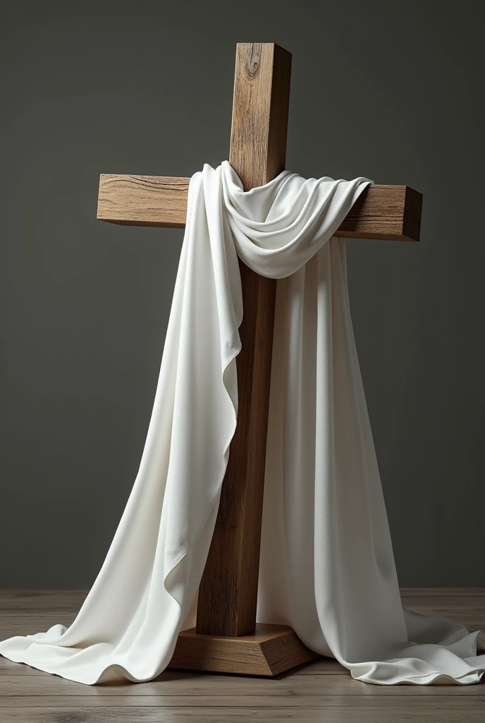 Create a realistic cross for me, with a white cloth symbol of Jesus Christ. As if the cross were tilted more tilted