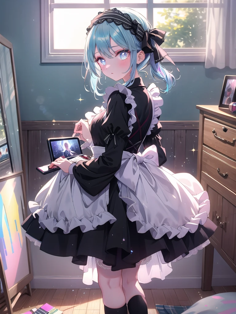((8k, Highest quality, masterpiece: 1.3)),Ultra-high resolution,(1 girl, alone), (Color changing eyes, Ultra-detailed, Expressive brilliance, Glitter, Glowing Eyes), Highly detailed eyes, Highly detailed face, Random Hair, ((pastel colour)),A focused young woman with pastel blue hair tied into twin tails, standing in front of a full-length mirror in her bedroom during a sunny afternoon. She is adjusting the lace details of her maid cosplay outfit, which consists of a black dress with white frills, a matching apron, and a small headband. The camera captures her from behind, with the reflection in the mirror showing her concentrated expression as she perfects her look. Her room is bright and airy, with sunlight streaming through the window, casting soft shadows on the hardwood floor. On her bed, there are a few open boxes filled with different cosplay accessories, and a laptop on her desk displays an open video tutorial on cosplay makeup,(nsfw)
