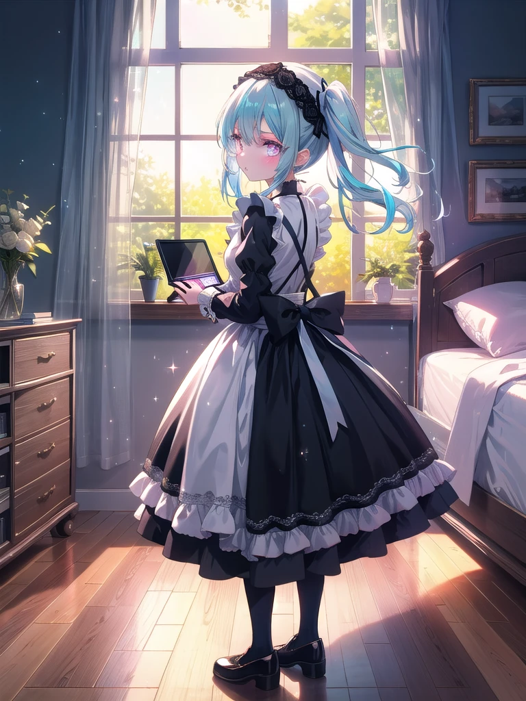 ((8k, Highest quality, masterpiece: 1.3)),Ultra-high resolution,(1 girl, alone), (Color changing eyes, Ultra-detailed, Expressive brilliance, Glitter, Glowing Eyes), Highly detailed eyes, Highly detailed face, Random Hair, ((pastel colour)),A focused young woman with pastel blue hair tied into twin tails, standing in front of a full-length mirror in her bedroom during a sunny afternoon. She is adjusting the lace details of her maid cosplay outfit, which consists of a black dress with white frills, a matching apron, and a small headband. The camera captures her from behind, with the reflection in the mirror showing her concentrated expression as she perfects her look. Her room is bright and airy, with sunlight streaming through the window, casting soft shadows on the hardwood floor. On her bed, there are a few open boxes filled with different cosplay accessories, and a laptop on her desk displays an open video tutorial on cosplay makeup,(nsfw)