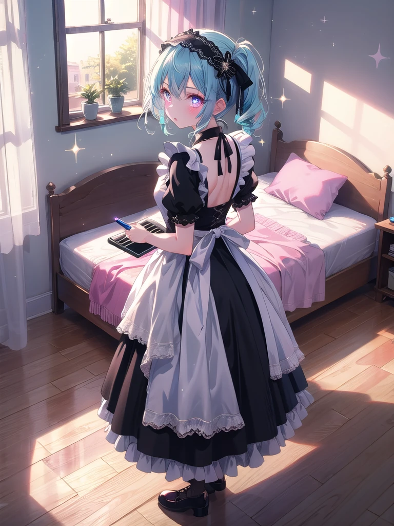 ((8k, Highest quality, masterpiece: 1.3)),Ultra-high resolution,(1 girl, alone), (Color changing eyes, Ultra-detailed, Expressive brilliance, Glitter, Glowing Eyes), Highly detailed eyes, Highly detailed face, Random Hair, ((pastel colour)),A focused young woman with pastel blue hair tied into twin tails, standing in front of a full-length mirror in her bedroom during a sunny afternoon. She is adjusting the lace details of her maid cosplay outfit, which consists of a black dress with white frills, a matching apron, and a small headband. The camera captures her from behind, with the reflection in the mirror showing her concentrated expression as she perfects her look. Her room is bright and airy, with sunlight streaming through the window, casting soft shadows on the hardwood floor. On her bed, there are a few open boxes filled with different cosplay accessories, and a laptop on her desk displays an open video tutorial on cosplay makeup,(nsfw)