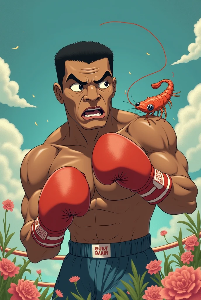 Mike Tyson being punching by a shrimp ghibli style