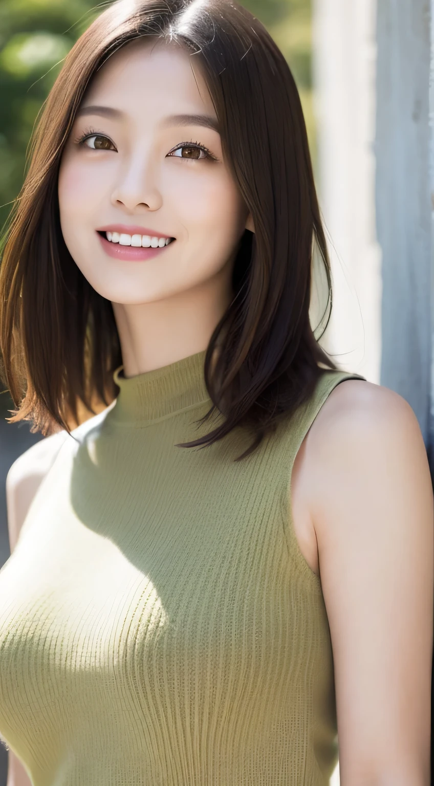 2Beautiful women, nude,Highest quality, Photorealistic, In detail, High resolution, 8k wallpaper, Perfect dynamic composition, Beautiful attention to detail, Medium Hair, Big ample breasts, Random sexy poses,Put your chest together、(Breast Opening Mock Neck Crop Tank Top Khaki Knitwear)、(Breast Swelling 1.2)、Laughter、Open your mouth、Resort scenery、23 years old、(Droopy Eyes 1.4)、Adult Beauty、Japanese,