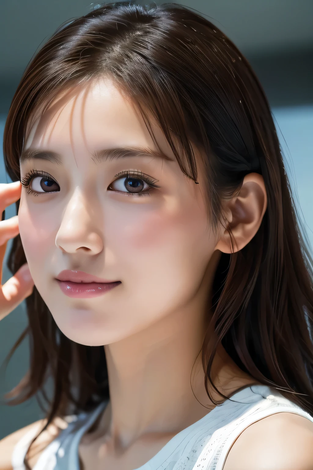 Beautiful girl washing her face, 14 years old, (Highest quality:1.4), (Very detailed), (Very detailed美しい顔), sit, avert your eyes, smile, White T-shirt, Great face and eyes, iris, Medium Hair, The Beauty of Japan, (Skinny body type:1.3), (Flat Chest:1.3), (toy poodle:1.3),Smooth, Very detailed CG synthesis 8k wallpaper, High-resolution RAW color photos, Professional photography, Light, BackLight, dream-like, impressive, Written boundary depth, Washroom, (Shooting from below:1.3)