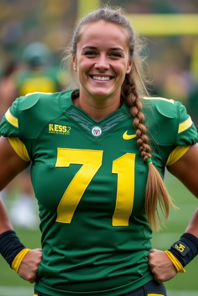 an offensive lineman for the Oregon ducks female football team. Number 71