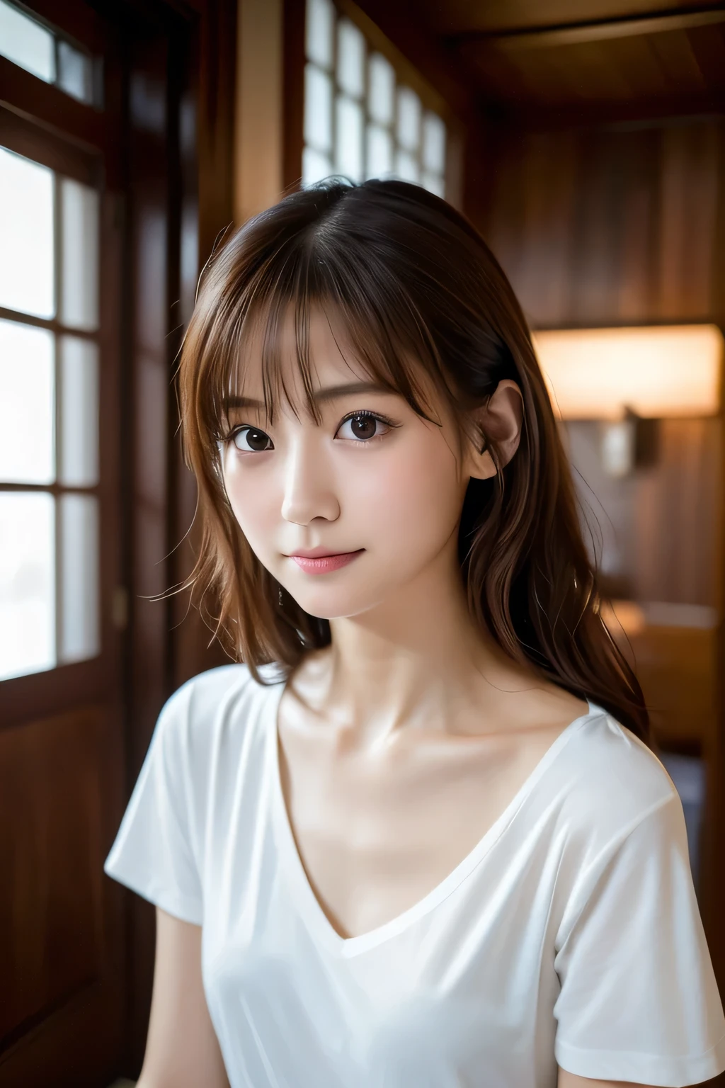 Beautiful girl washing her face, , (Highest quality:1.4), (Very detailed), (Very detailed美しい顔), sit, avert your eyes, smile, White T-shirt, Great face and eyes, iris, Medium Hair, The Beauty of Japan, (Skinny body type:1.3), (Flat Chest:1.3), (toy poodle:1.3),Smooth, Very detailed CG synthesis 8k wallpaper, High-resolution RAW color photos, Professional photography, Light, BackLight, dream-like, impressive, Written boundary depth, Washroom, (Shooting from below:1.3)