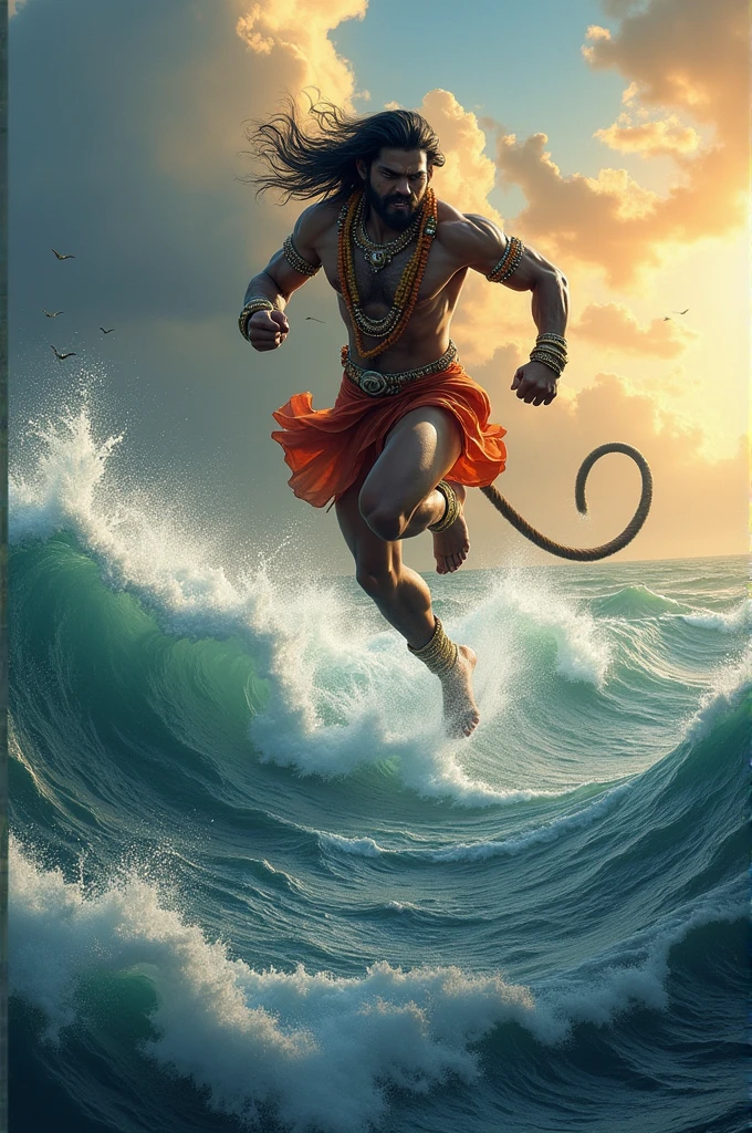 Hanuman Leaping Across the Ocean**: Depict Hanuman in mid-air, leaping across the ocean towards Lanka, with the ocean waves below and a determined expression on his face.