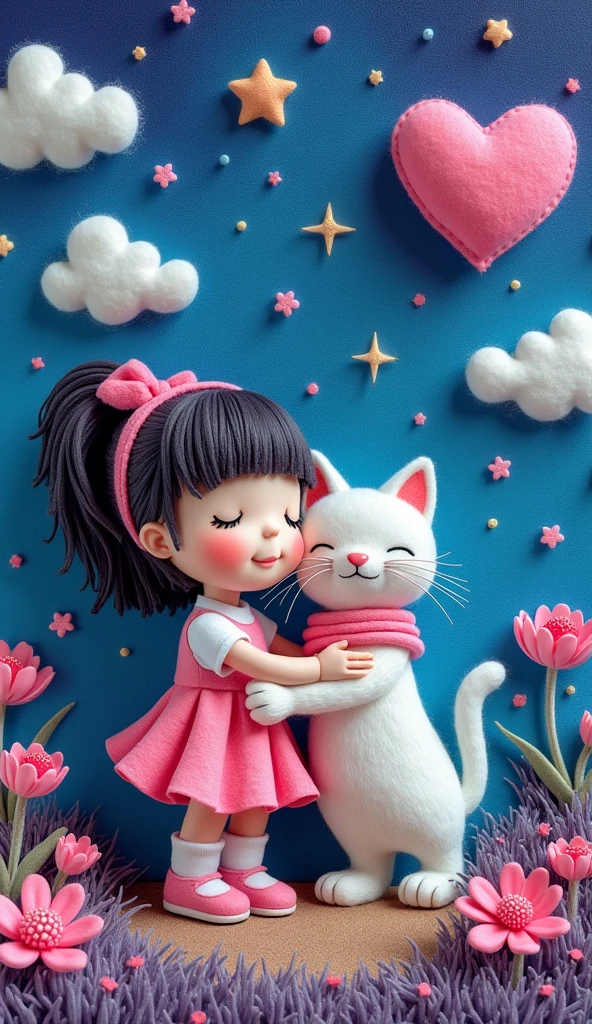 Our Felt Style,surreal space,abstract,A girl weaving with a cat is hugging each other,Fluffy love heart,fluffy clouds,star,grass,flowers,In my dream、A vivid and fun way to set the stage,blue, Purple and pink tones,bright,Art