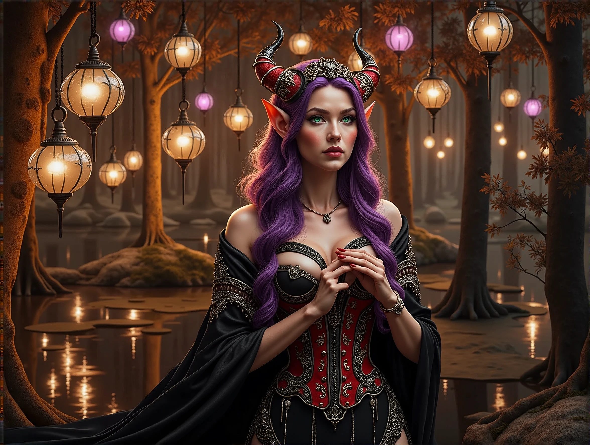 A powerful elven sorceress stands by a calm lake at dusk, holding a lantern that emits a soft golden light. She has long orange and violet hair, bright green eyes, and wears a red leather corset with a loose black cape. Her ears are pointed, and she has an air of mystery and danger about her. The background features misty mountains and a serene, misty lake, with reflections of the trees and moonlit sky.